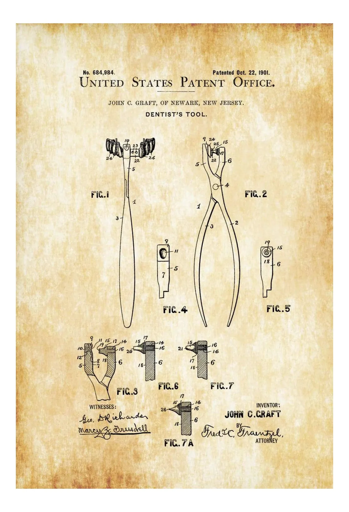 Dentist&#39;s Tool Patent - Patent Print, Wall Decor, Dental Office Decor, Medical Art, Dental Art, Dentist Decor, Dental Tools
